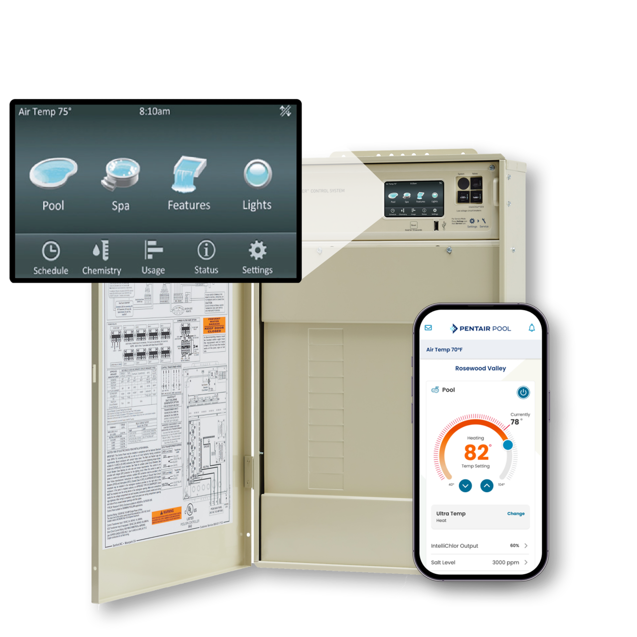 Pentair IntelliCenter pool automation control system with touchscreen and smartphone app